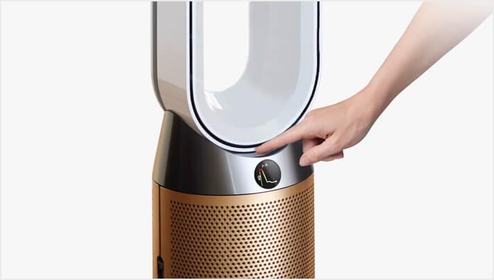 Standby button being pressed on the Dyson Pure Cool Cryptomic purifying fan